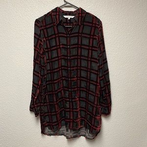 Foxcroft Button Down Sheer Velvet Top Red & Black